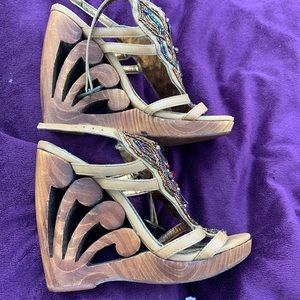 Unique wooden wedge heels with sequins